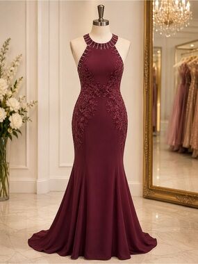 Elegant Burgundy Halter Mermaid Prom Dress